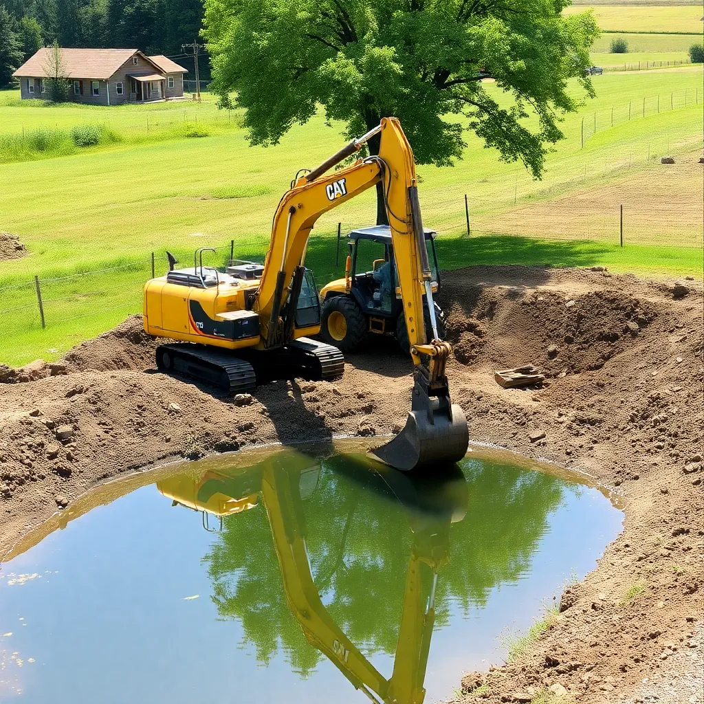 Excavator digging a pond in a rural area