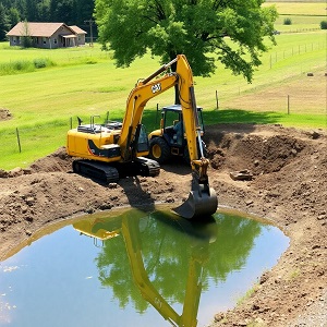 Excavator digging a pond in a rural area